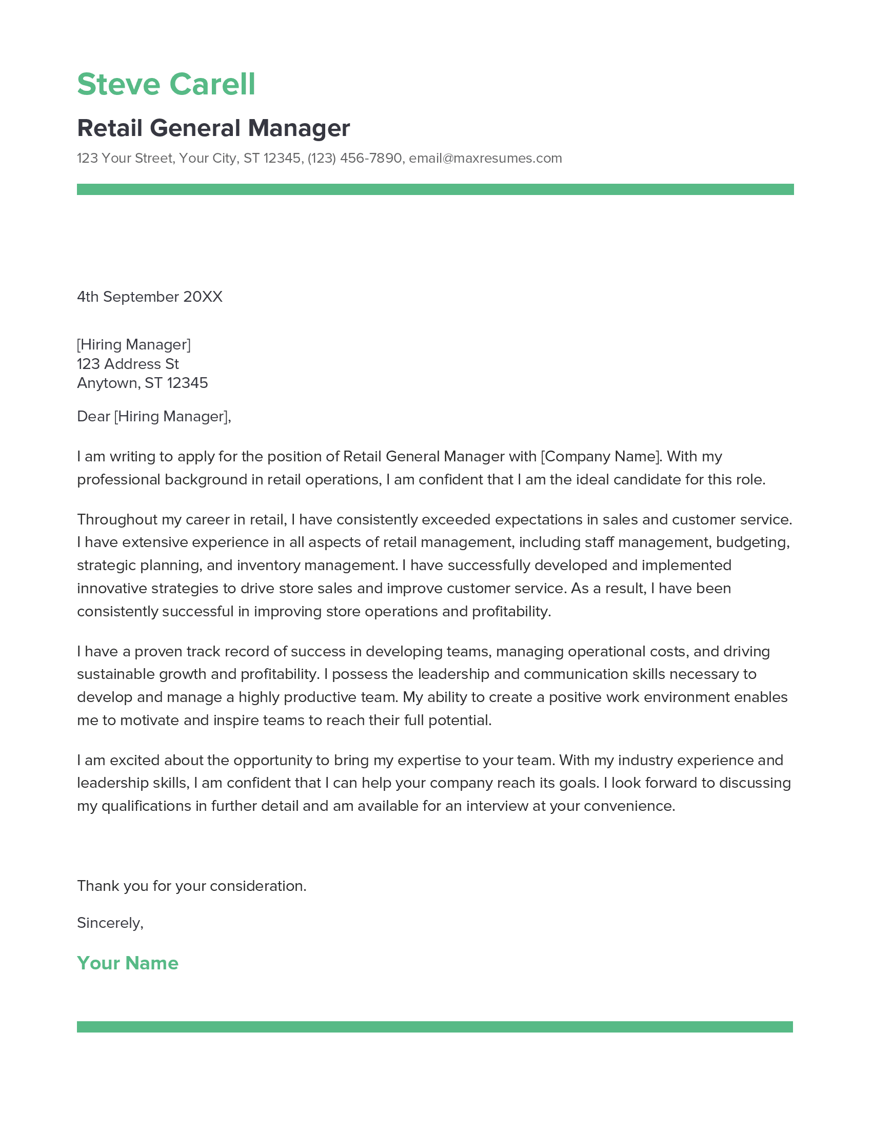 Best Retail General Manager Cover Letter Example for 2023