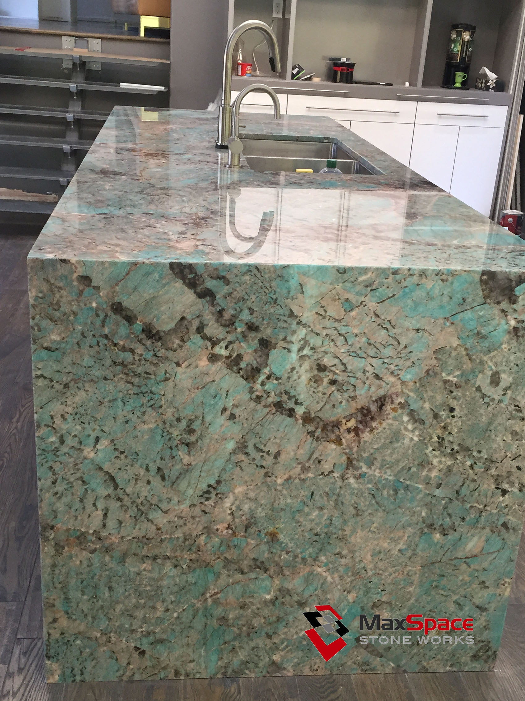 Amazonite quartzite island and onyx kitchen MaxSpace Stone Works