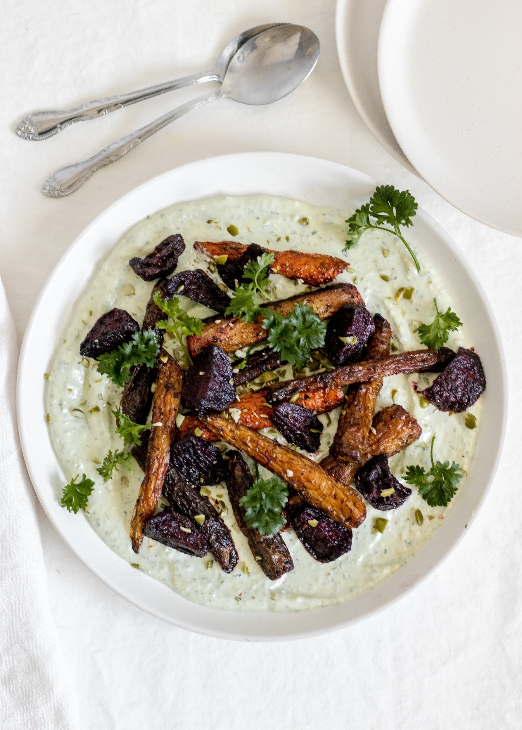 Oven Roasted Spiced Vegetables Recipe (with a Herbed Yogurt and Tahini