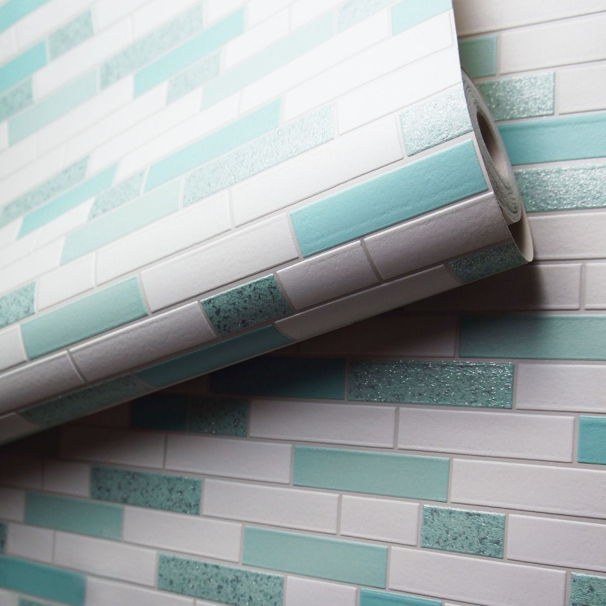 Holden Decor Oblong Granite Tile Glitter Wallpaper Teal/Silver Maz