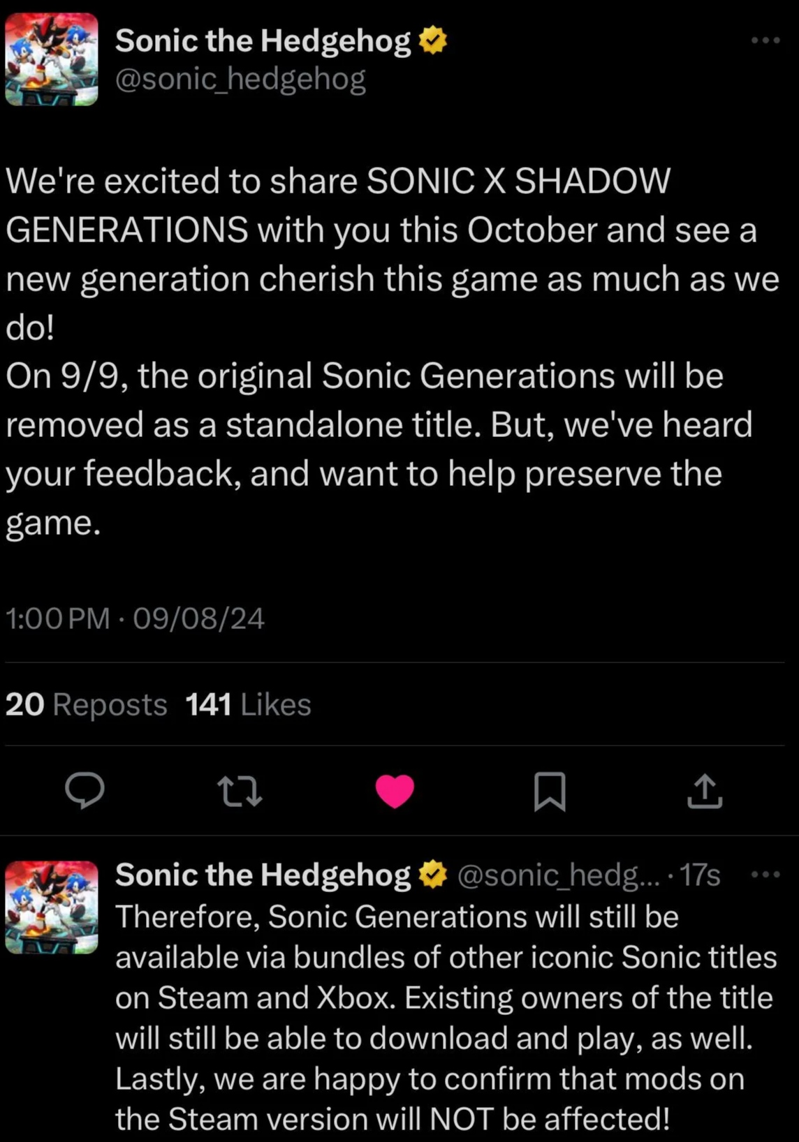 Sonic Team will be removing the original Generations off of Steam 