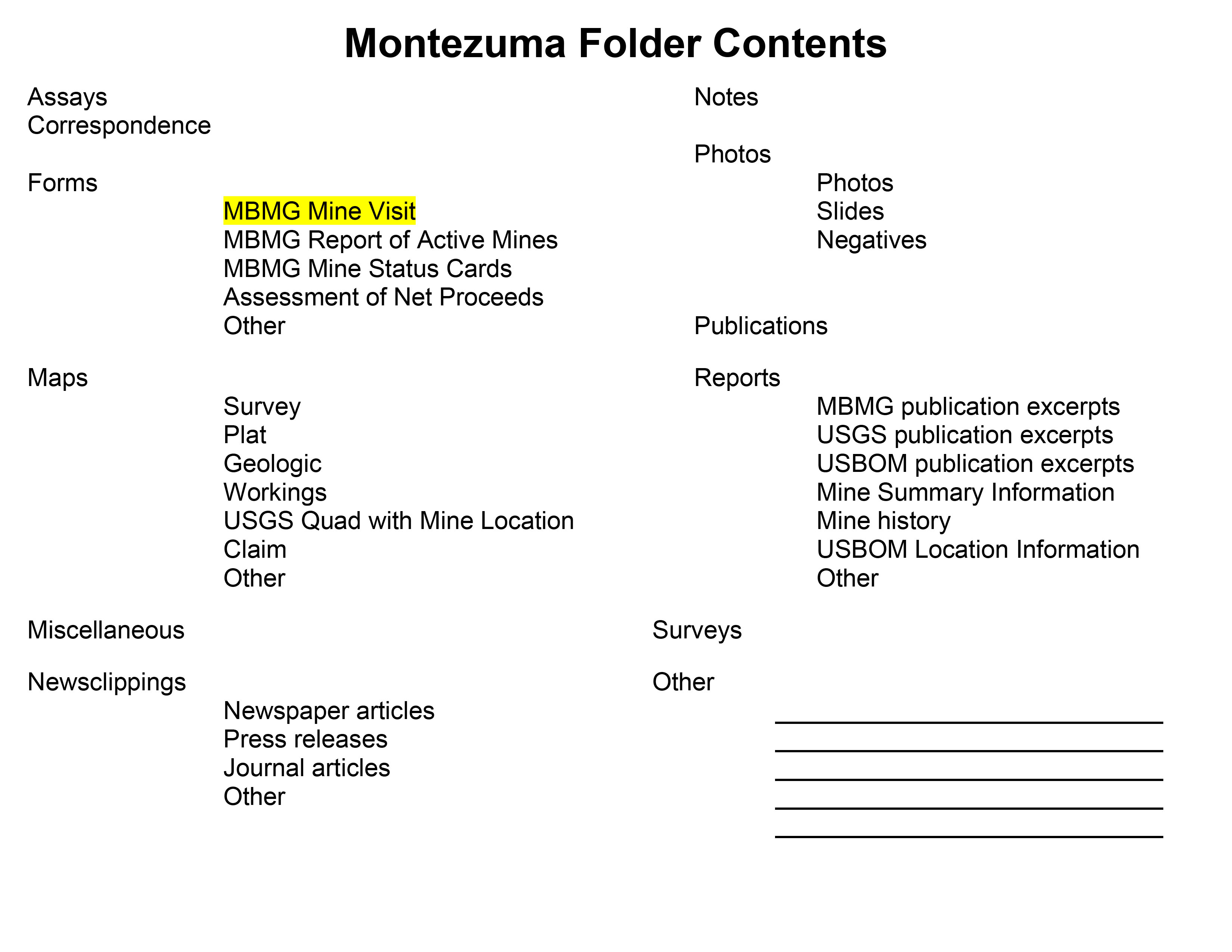 Montezuma Folder Contents Beaverhead Mine Documents