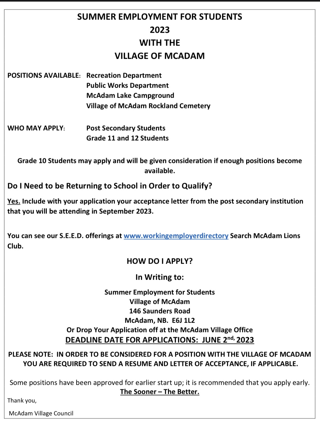 Summer Employment for Students with The Village of McAdam Village of