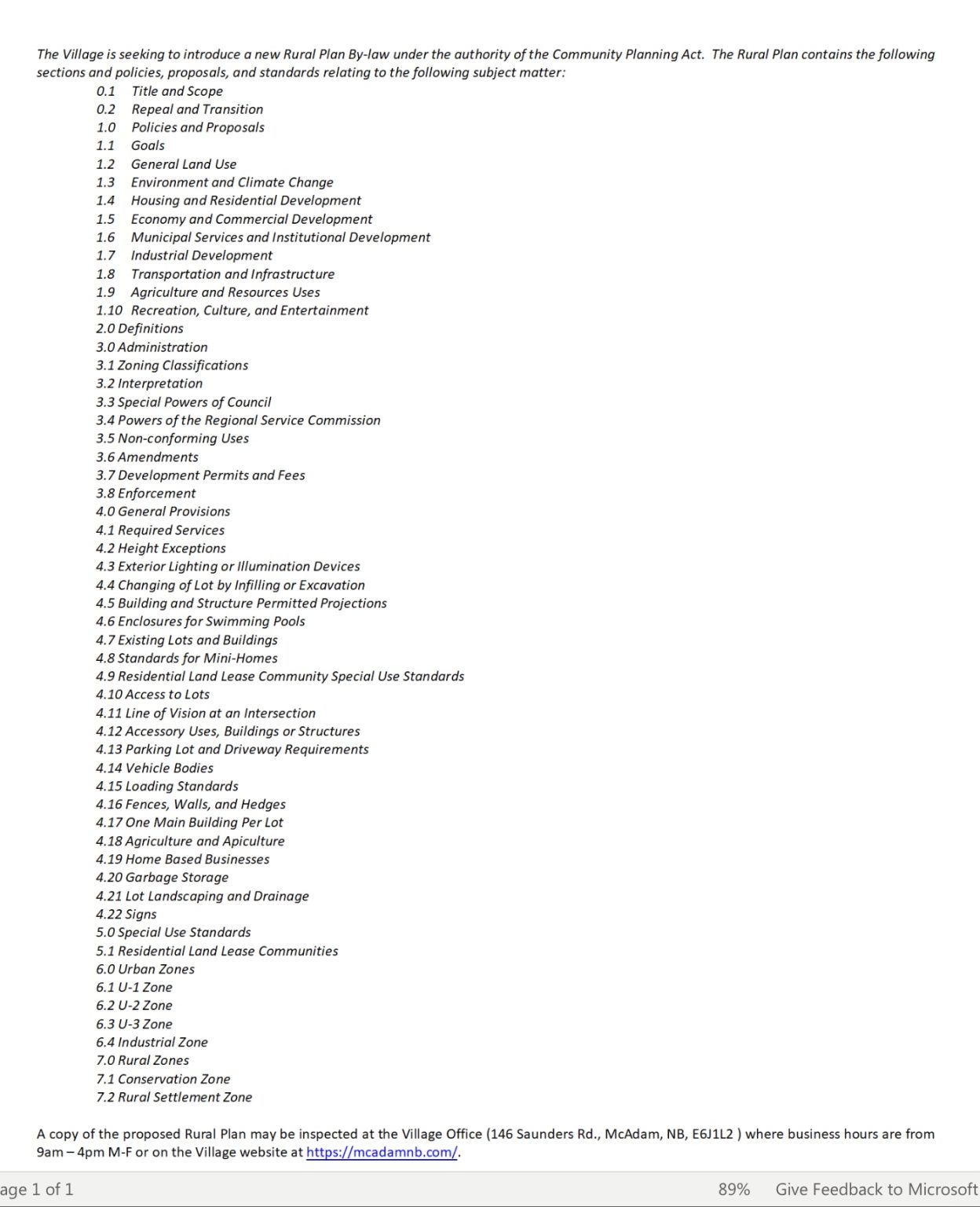 Village of McAdam New Rural bylaw Village of McAdam