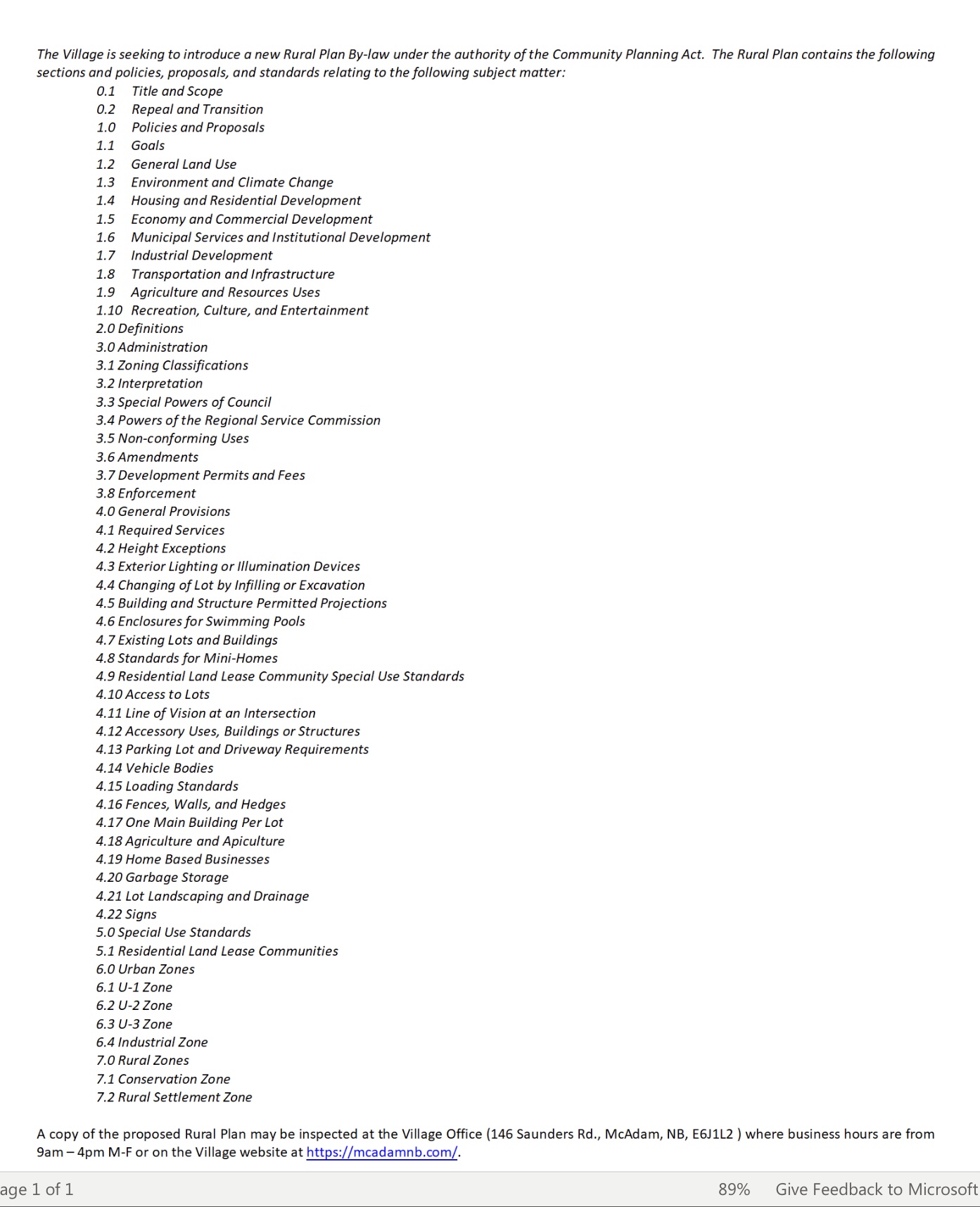 Village of McAdam New Rural bylaw Village of McAdam