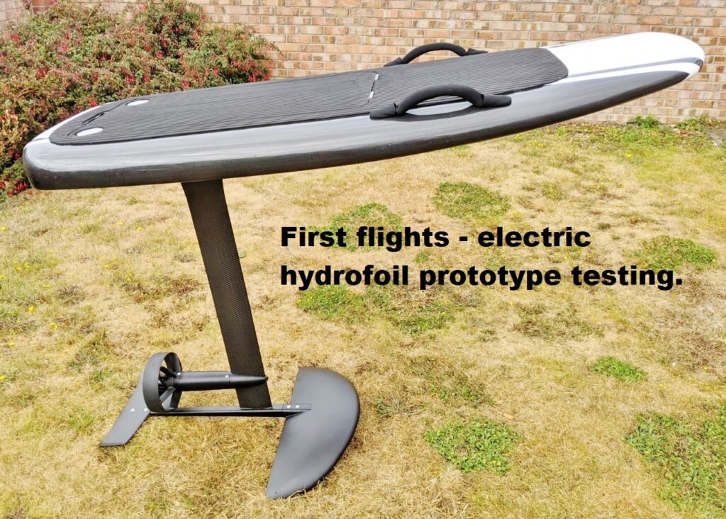 First flights electric hydrofoil board prototype testing. McConks