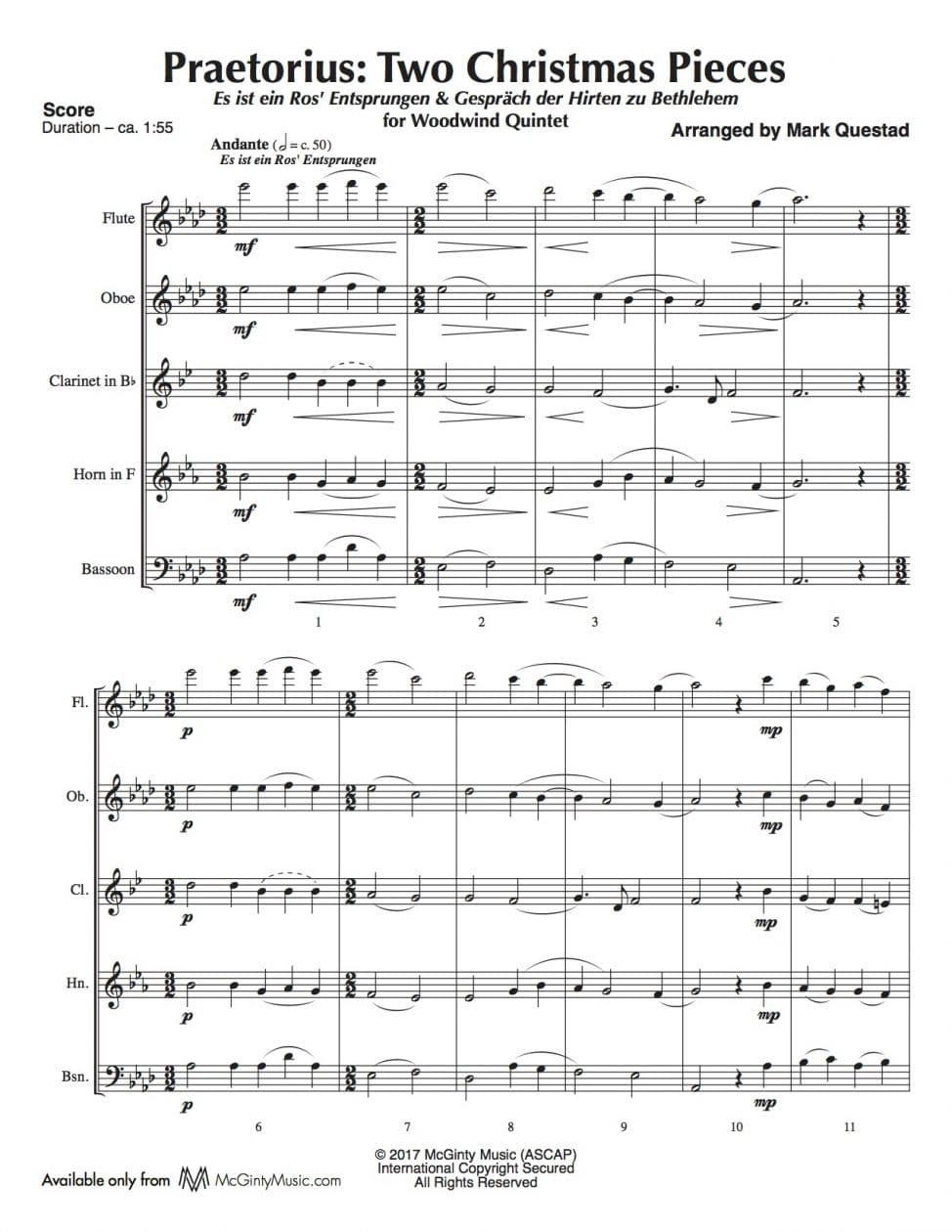Praetorius Two Christmas Pieces Woodwind Quintet McGinty Music, LLC.