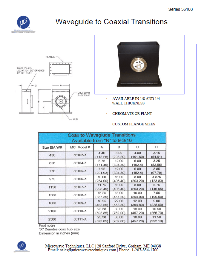 Waveguide Transition to Coaxial Data Sheet MCI Broadcast