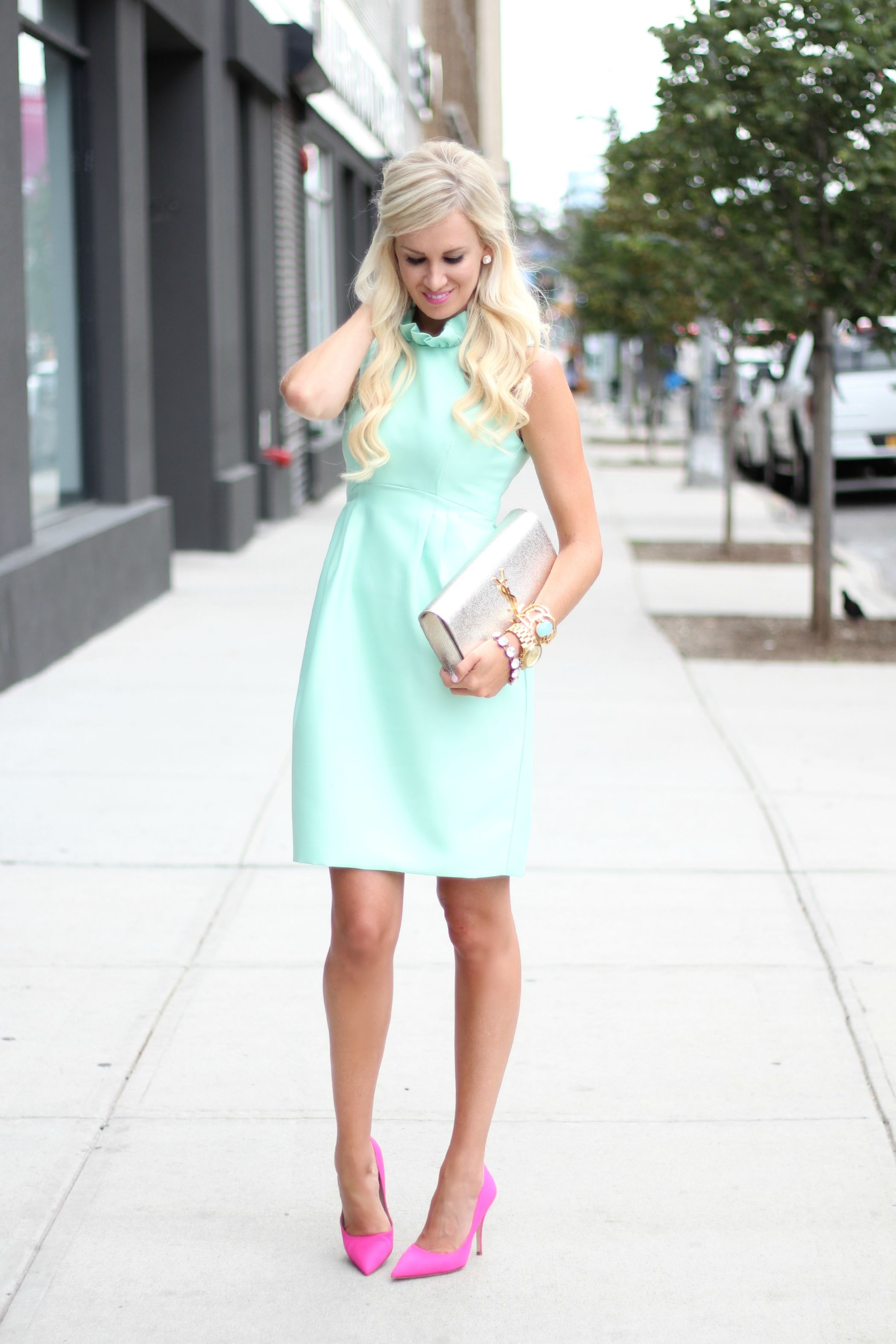Mint Ruffled Dress + Pink Heels