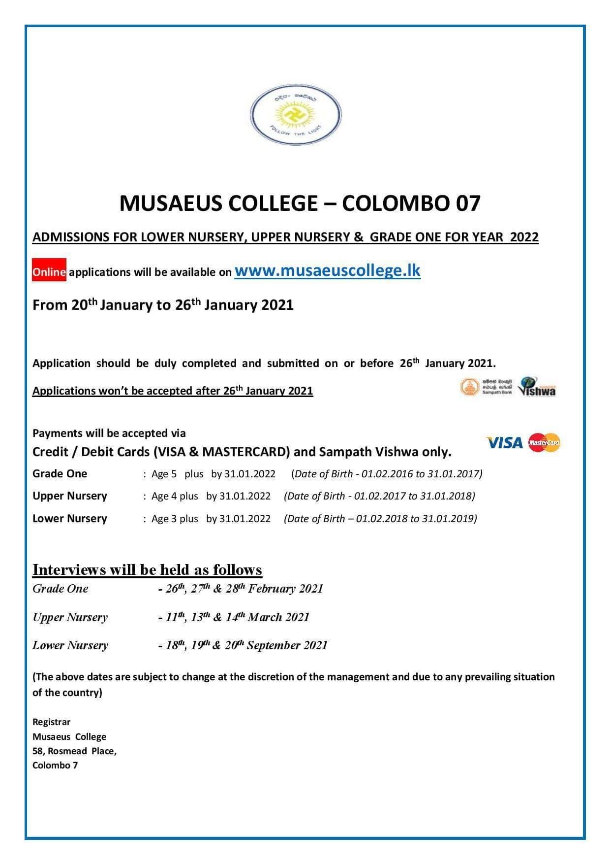 School Admissions 2022 Musaeus College, Past Pupils Association