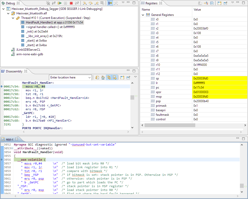 Debugging ARM CortexM0+ HardFaults MCU on Eclipse