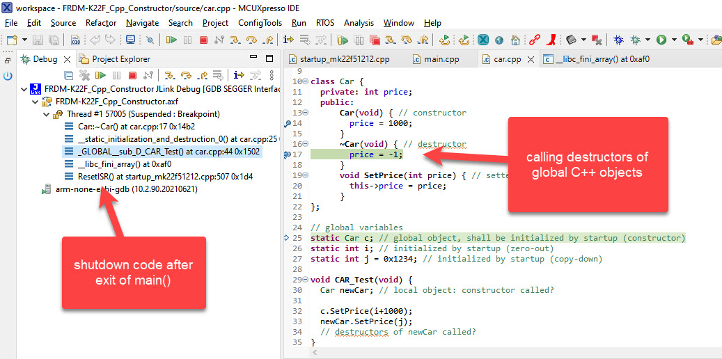 Shut Down C++ Embedded Systems with Calling the global Destructors MCU on Eclipse