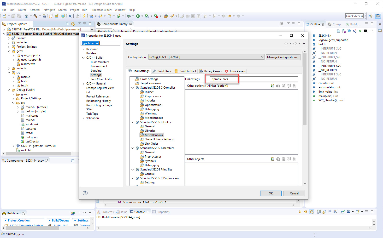 GNU Coverage (gcov) with NXP S32 Design Studio IDE MCU on Eclipse