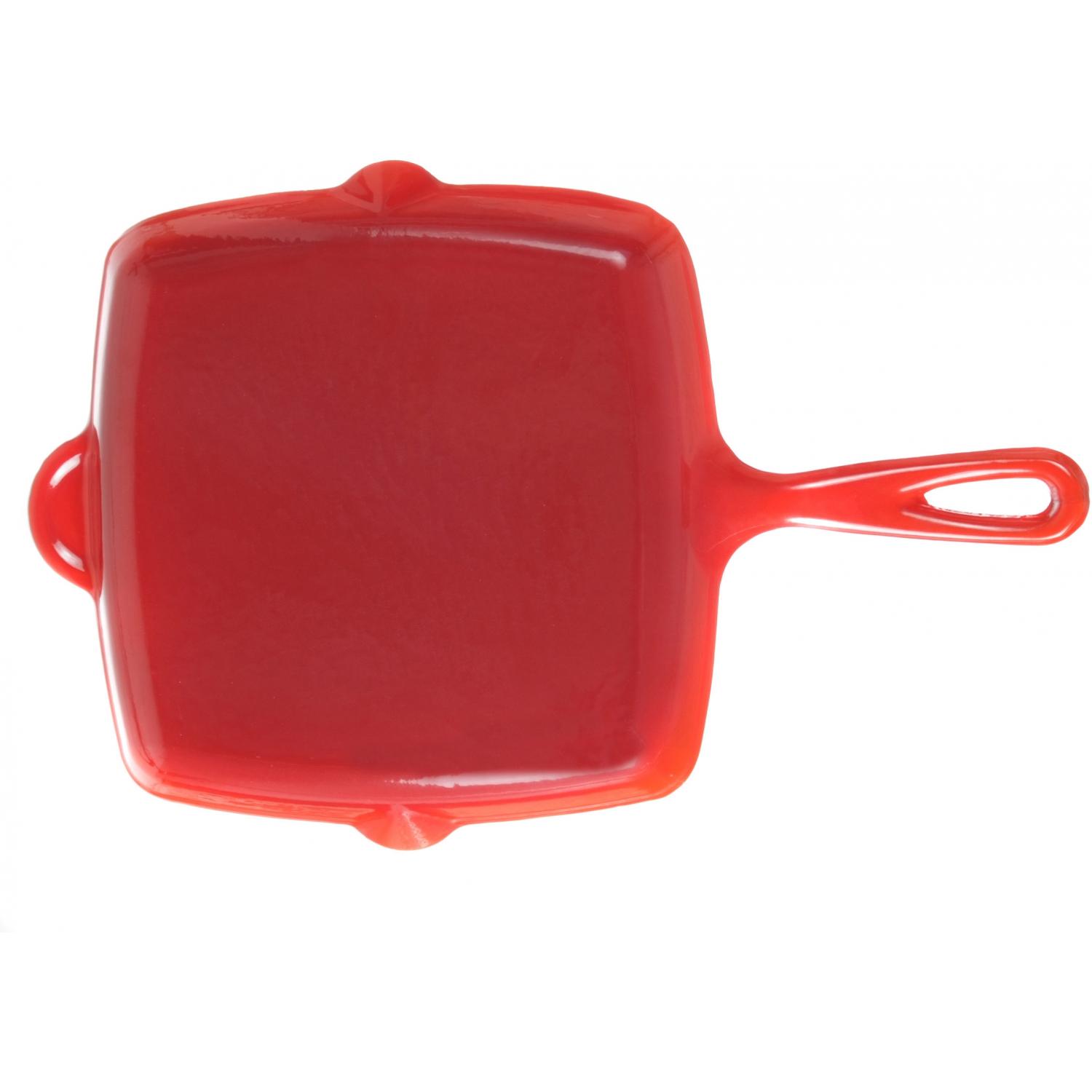 Red Enamel Coated Cast Iron Sq Skillet with ridges