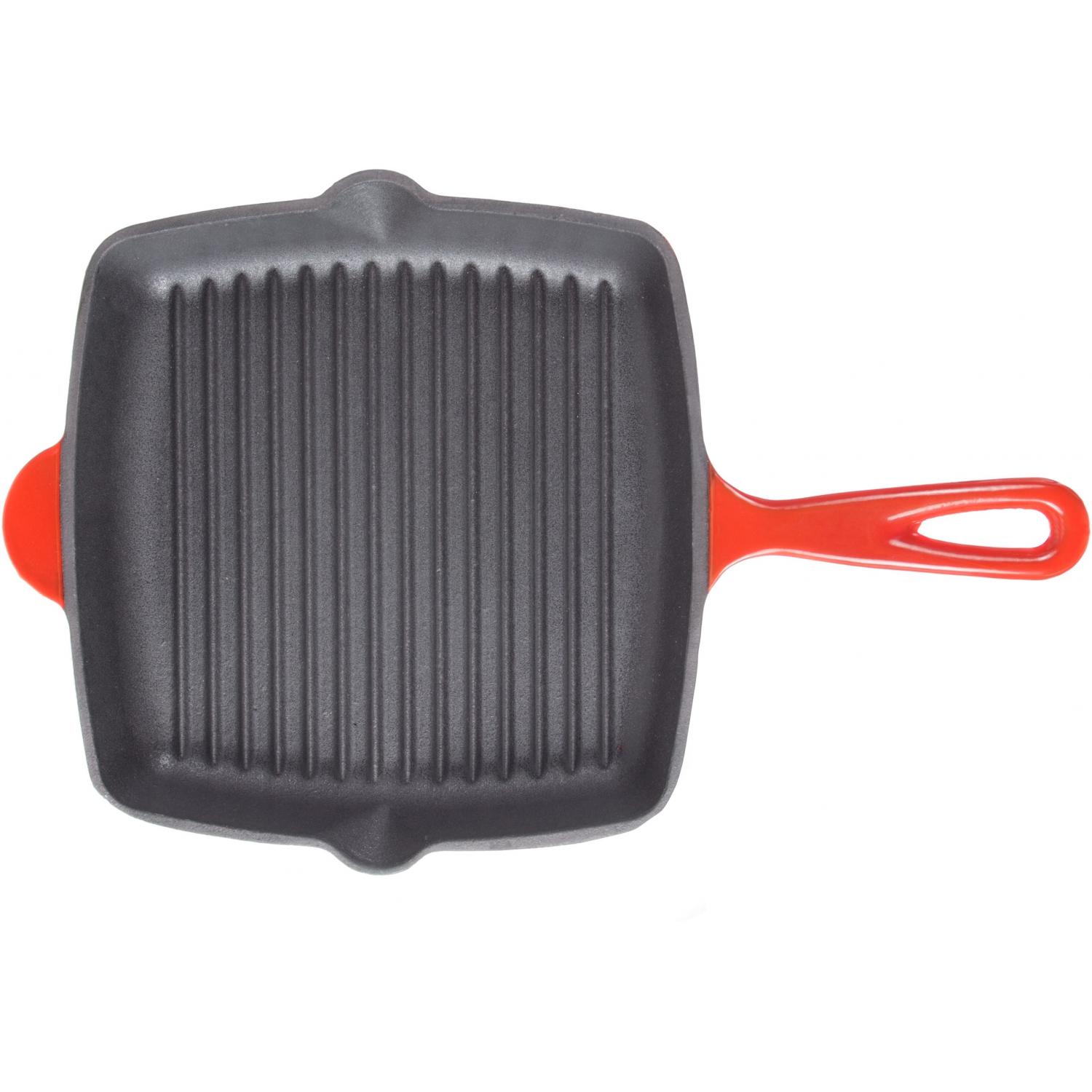 Red Enamel Coated Cast Iron Sq Skillet with ridges