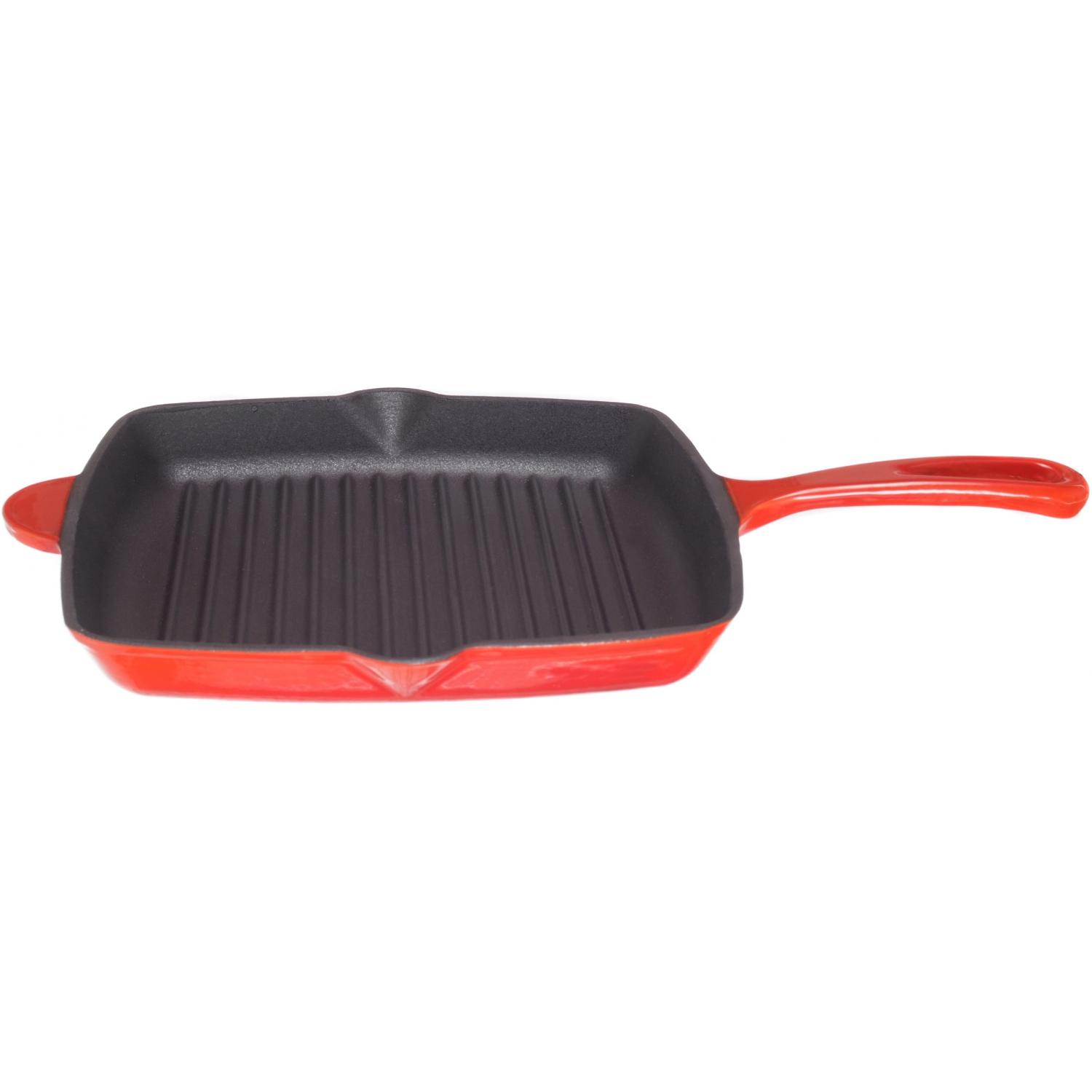 Red Enamel Coated Cast Iron Sq Skillet with ridges