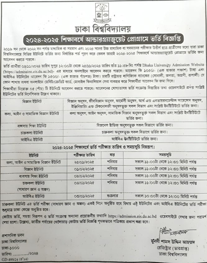 Dhaka University Admission Circular 2025 Apply Online Dhaka University Admission Circular 2025 Apply Online
