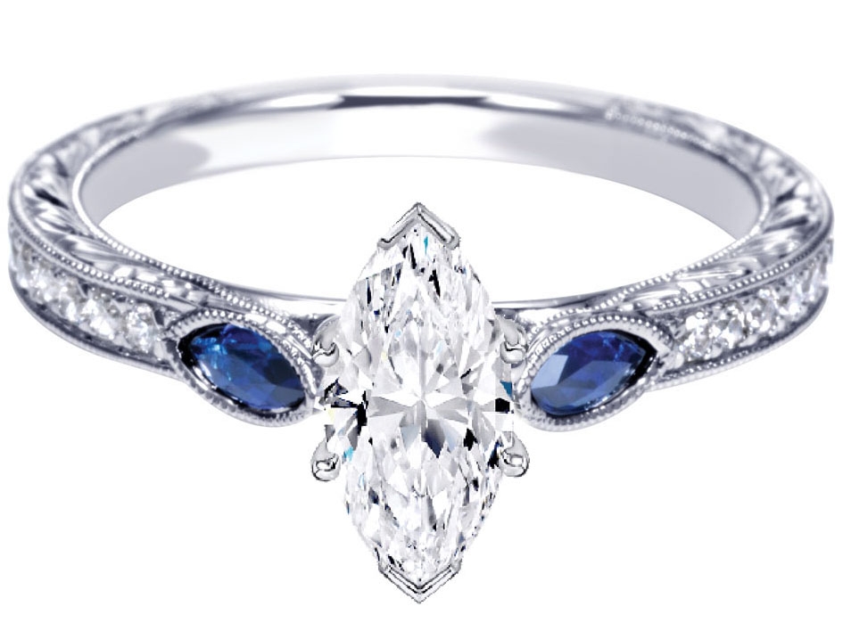 Engagement Ring Three Stone Marquise Diamond Engagement Ring Blue