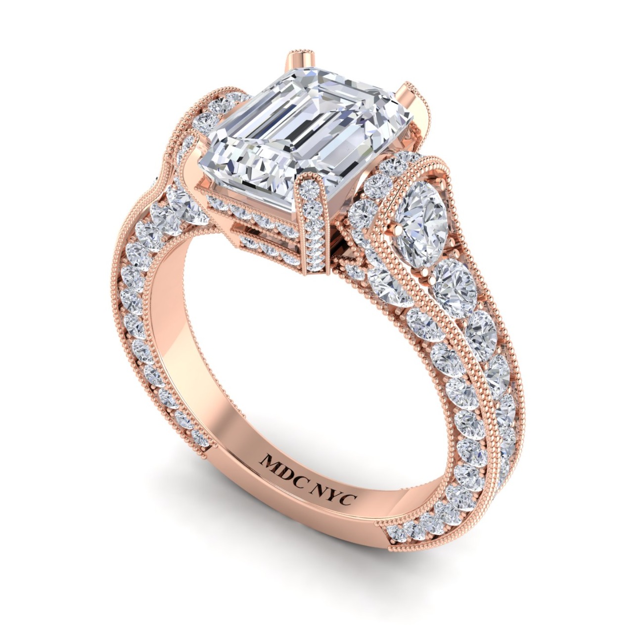 Engagement Ring Large Emerald Graduated Diamonds Engagement Ring 14K