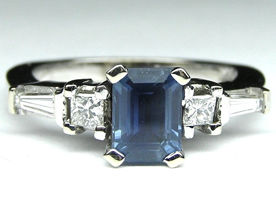 European Engagement Ring Emerald Cut Blue Sapphire and Diamond Engagement Ring 1.67 tcw. ER118
