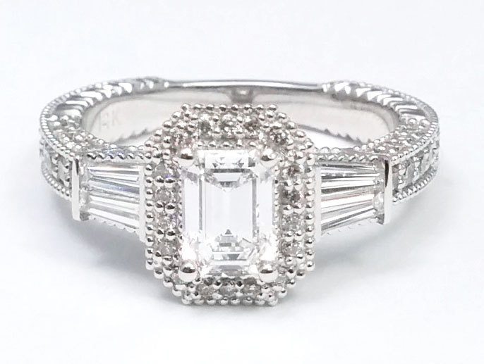 Engagement Ring Emerald Cut Diamond Halo Engagement Ring Baguette side