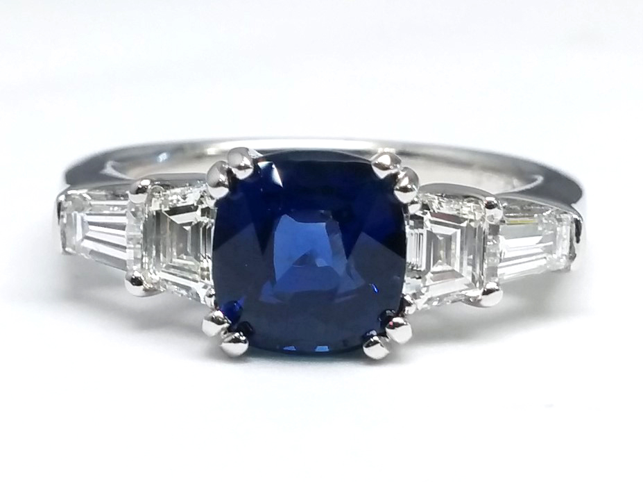 European Engagement Ring Cushion Cut Blue Sapphire Engagement Ring with Trapezoids and