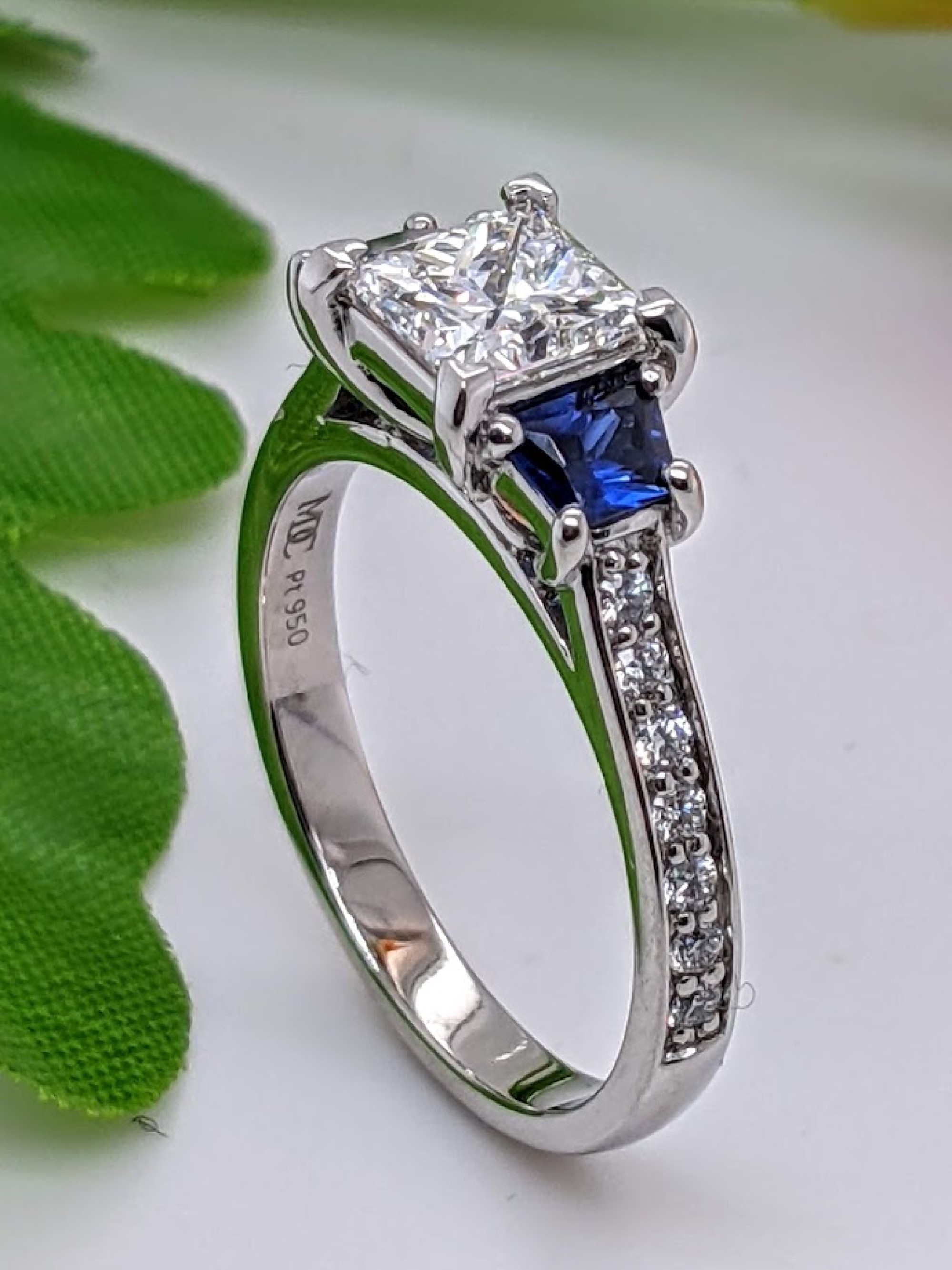 Engagement Ring Princess Diamond Engagement Ring Trapezoids Blue Sapphire side stonesES719