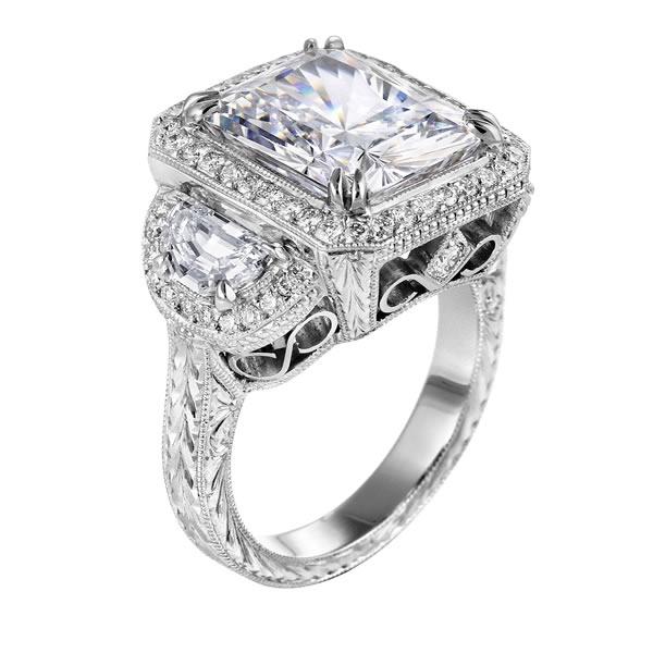 Engagement Ring Square Diamond Vintage Engagement Ring with Half Moon