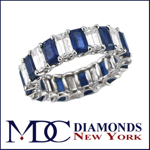 Wedding Band Emerald Cut Diamond & Sapphire Eternity Ring in 14K