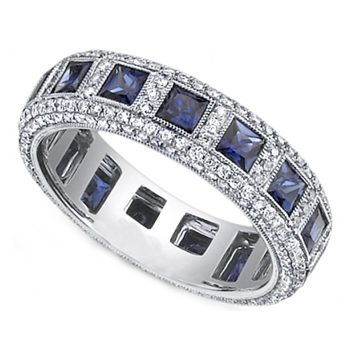 Wedding Band - Princess Blue Sapphire & Round Diamond ... (504 x 504 Pixel)