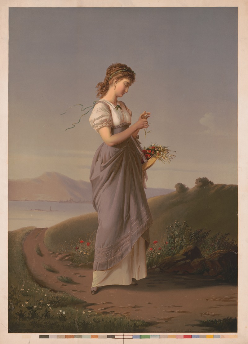 Woman plucking pedal from daisy by Colton, Zahm & Roberts Artvee