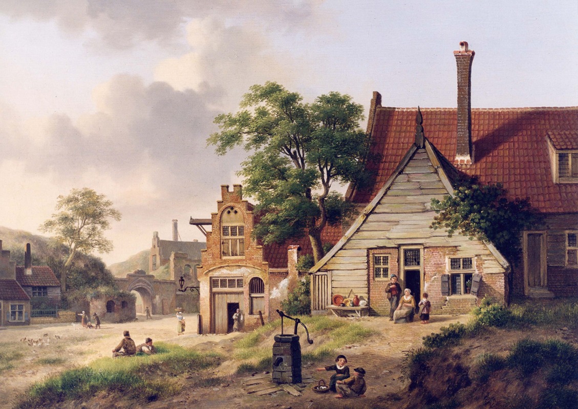 A Dutch Village Scene with Figures by Jan Hendrik Verheijen Artvee