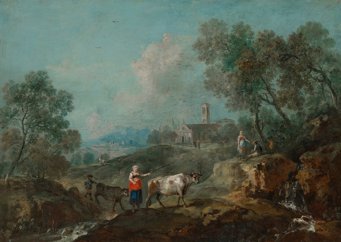 An Italianate landscape with peasants herding cattle near a stream, a