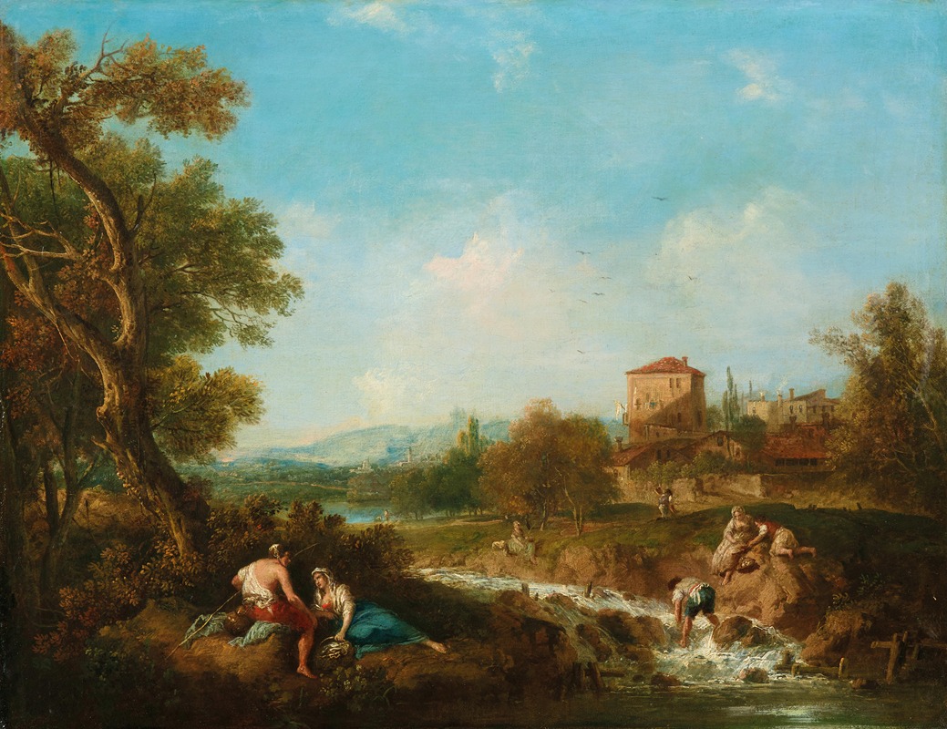 An Arcadian landscape with figures near a stream, a village beyond by