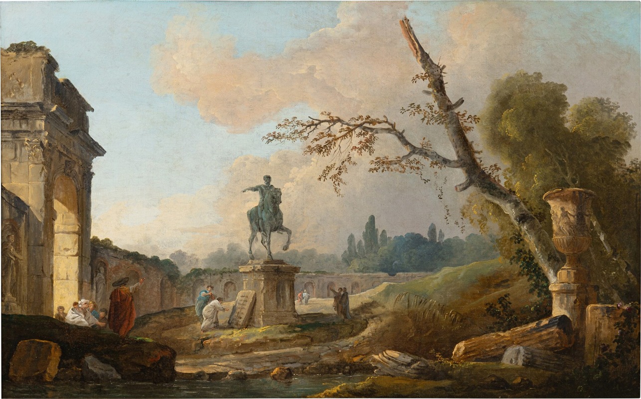 Landscape with ruins and the statue of Marcus Aurelius by Hubert Robert