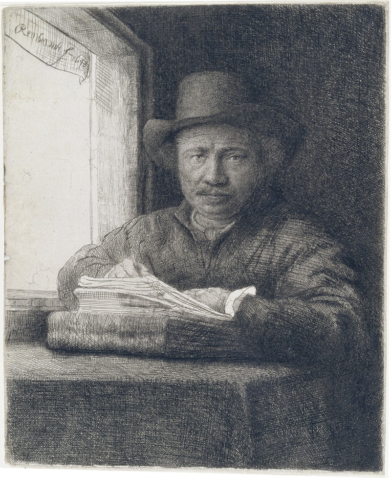 SelfPortrait etching at a window by Rembrandt van Rijn Artvee