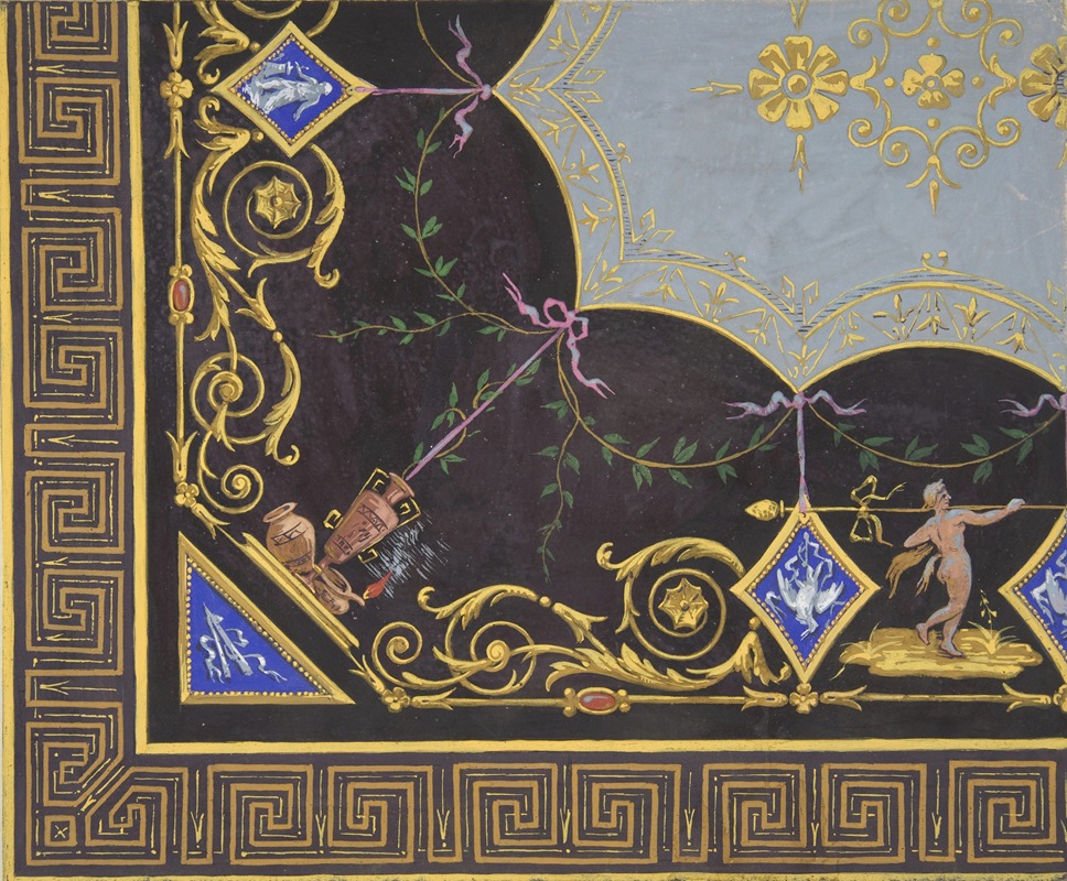 Design for wallpaper with Roman key border, rinceaux, and medallions by