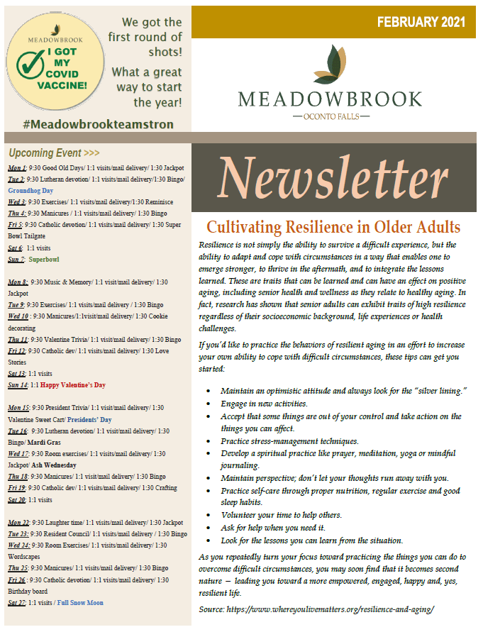 NEWSLETTER Meadowbrook at Oconto Falls