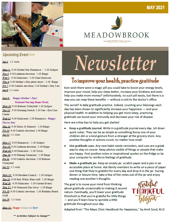 NEWSLETTER Meadowbrook at Oconto Falls
