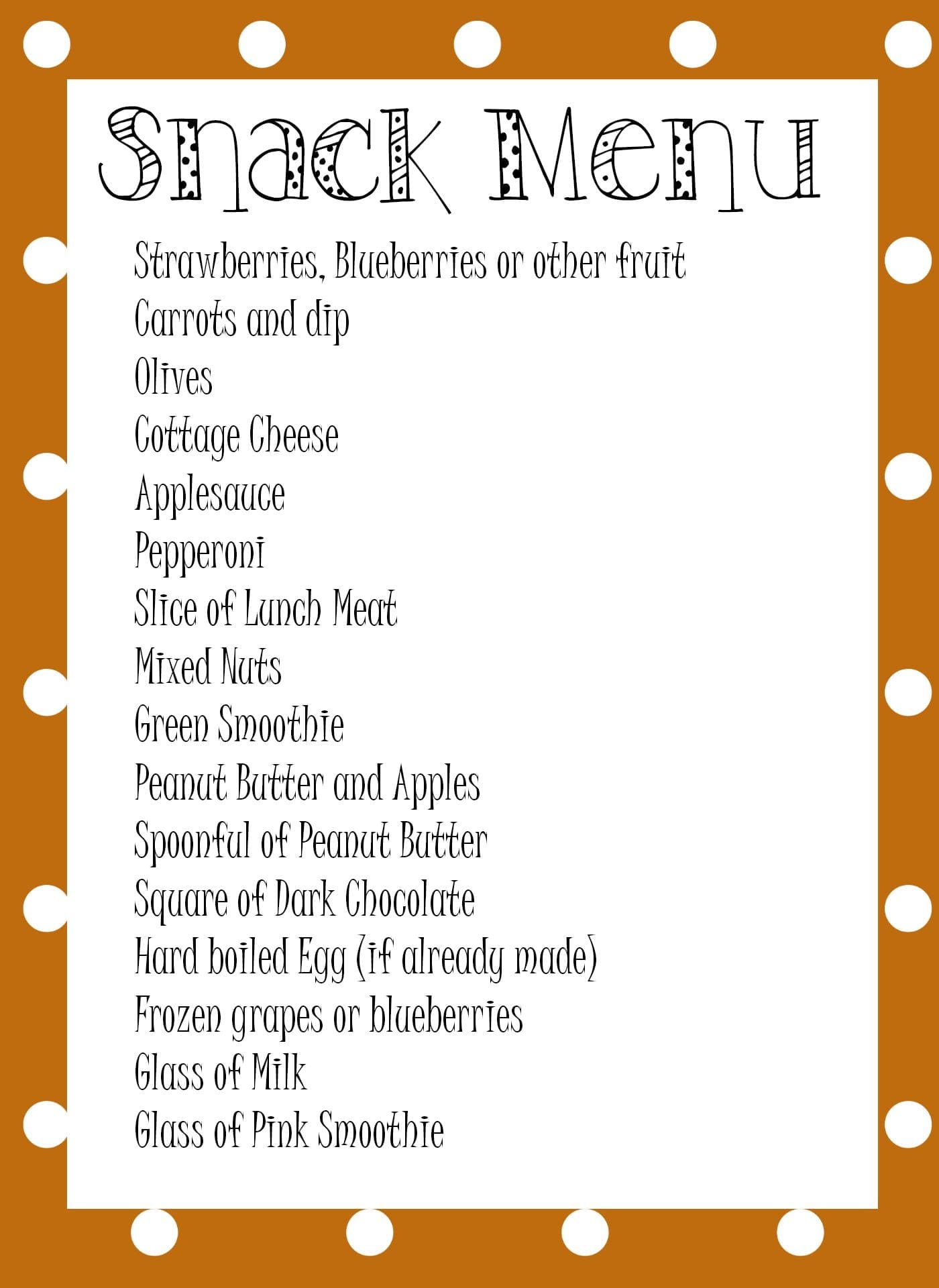 Snack Menu Printable Snack Menu Printable