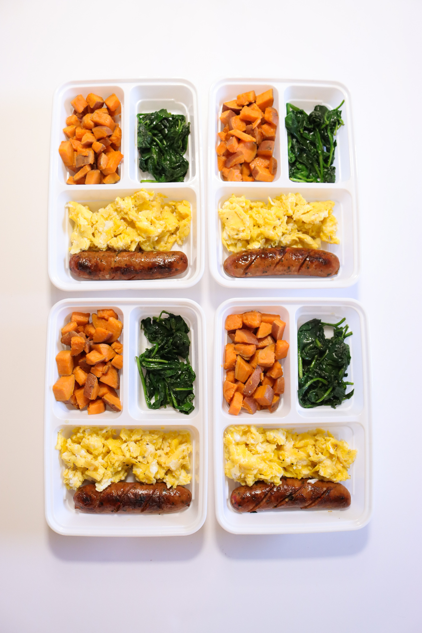 Sweet Potato Breakfast Prep with Eggs, Sausage and Spinach
