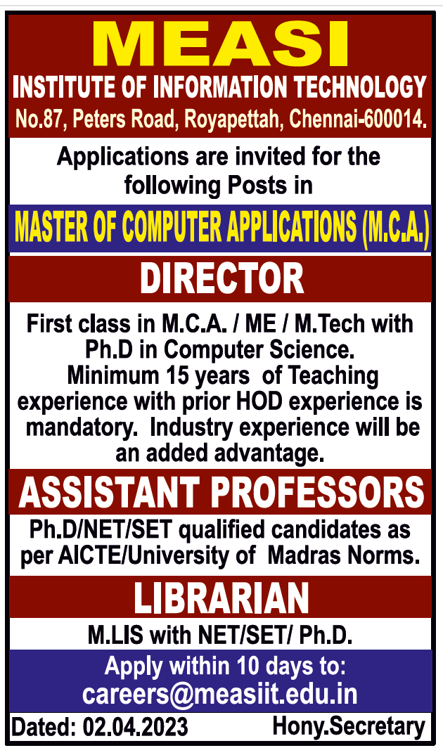 Faculty Recruitment 2023 MEASI INSTITUTE OF INFORMATION TECHNOLOGY