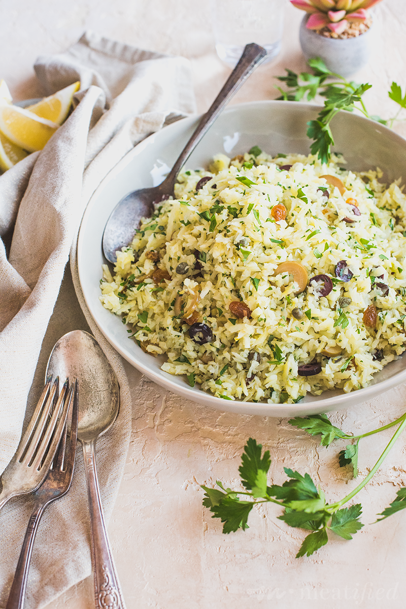 Sweet Potato Rice Pilaf with Lemon, Olives & Raisins meatified