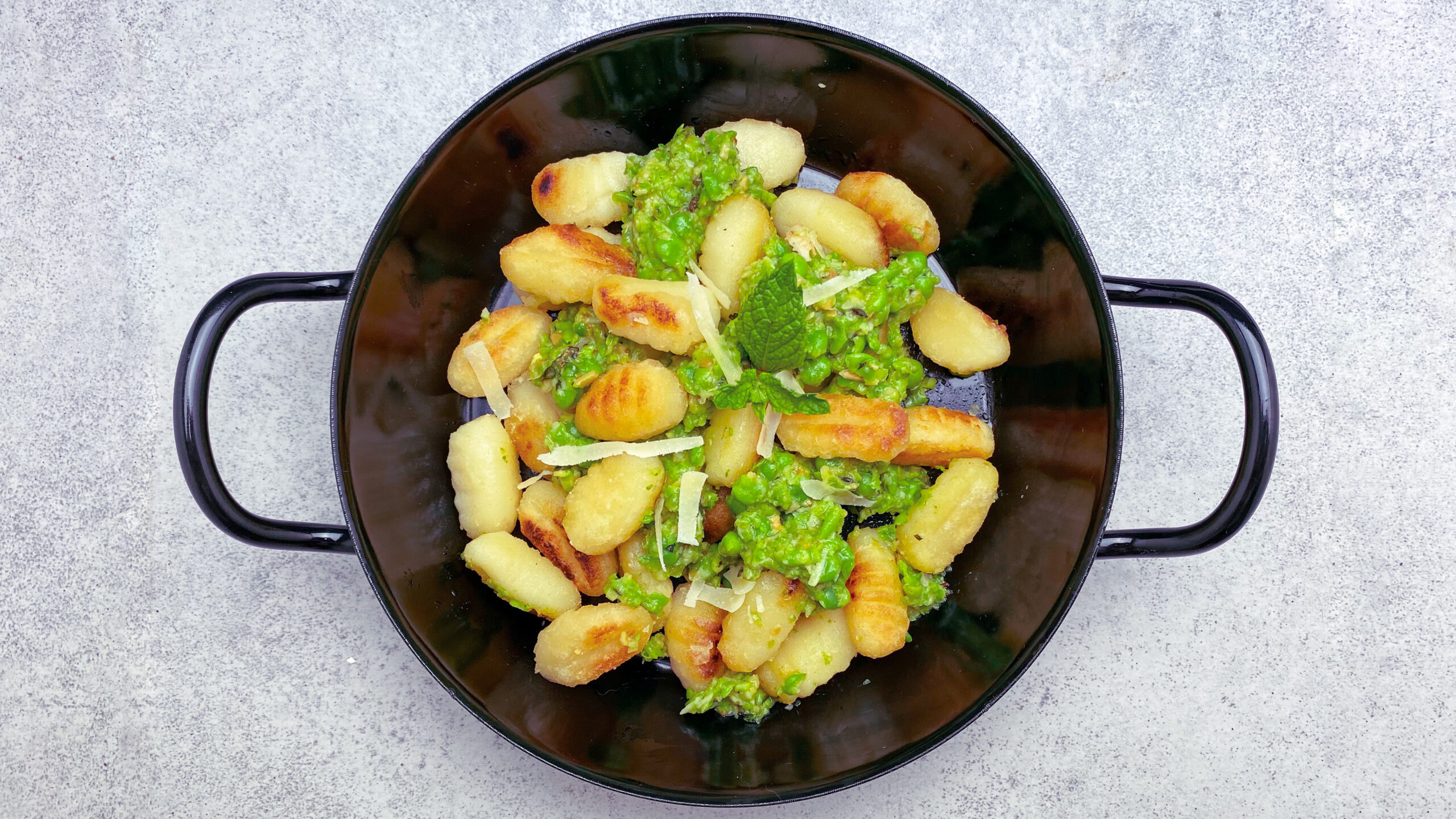 Sautéed Gnocchi with PeaMintPesto meatless App