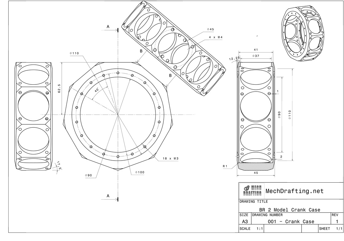 Crank Case of a BR2 Mechanical Drafting Services Solidworks