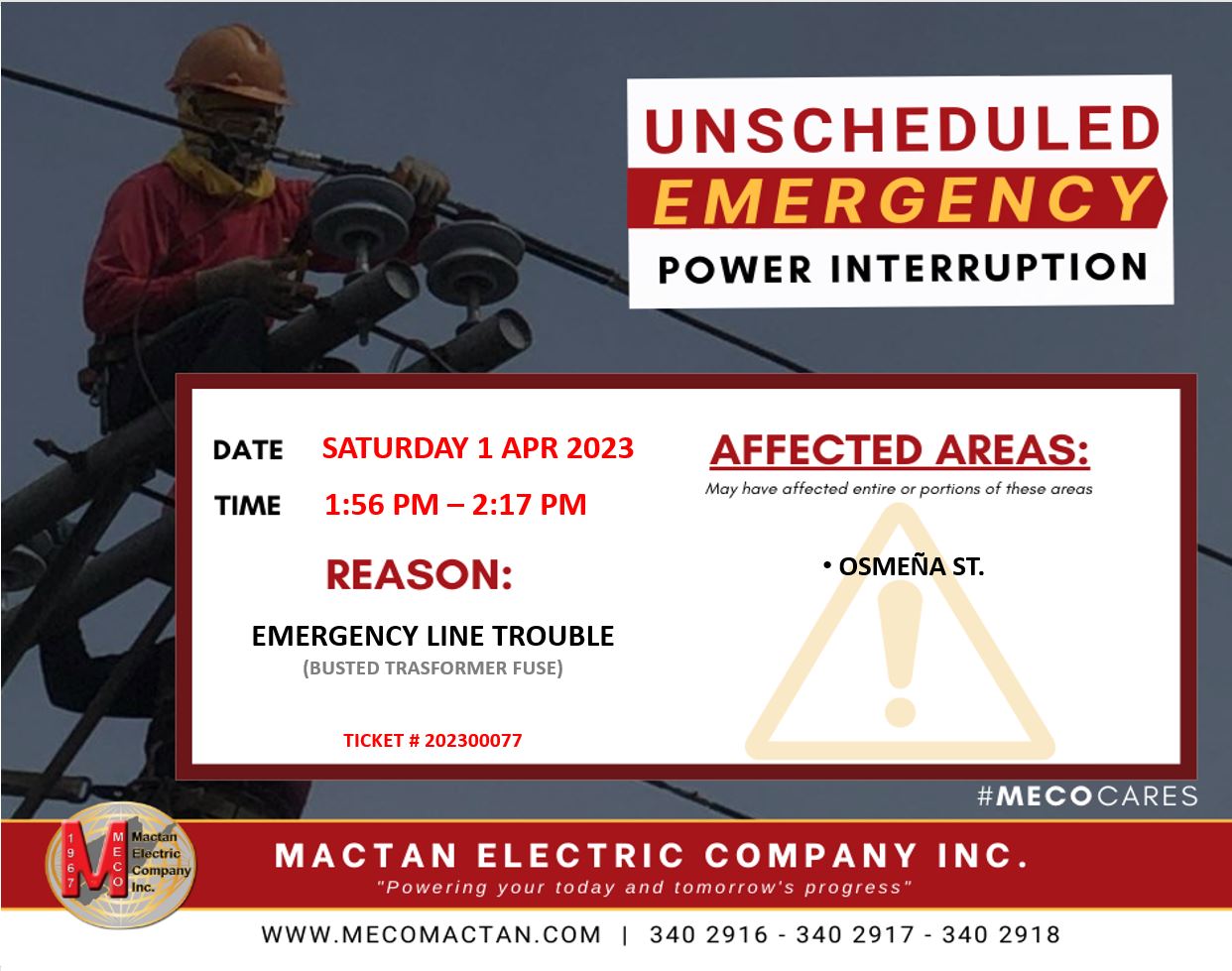 APRIL 01, 2023 OUTAGE NOTICES Mactan Electric Company Inc.
