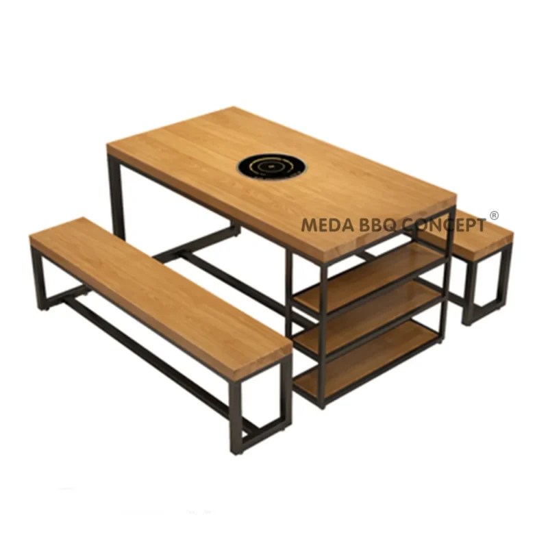 Wood Hot Pot Table Top And Metal Stand For Hotpot Restaurant