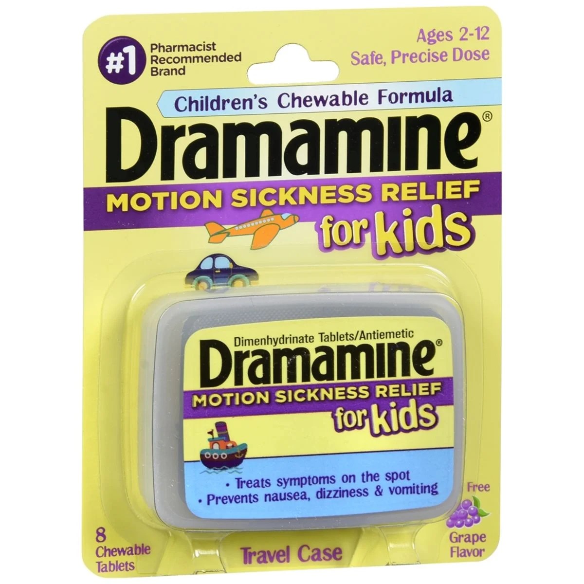 Dramamine for Kids Motion Sickness Relief Chewable Tablets Grape 8 TB