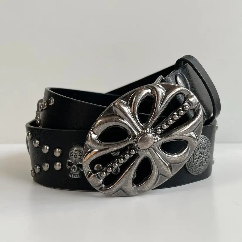 Leather Y2K 2000s skeleton cross studded goth emo black belt Grailed