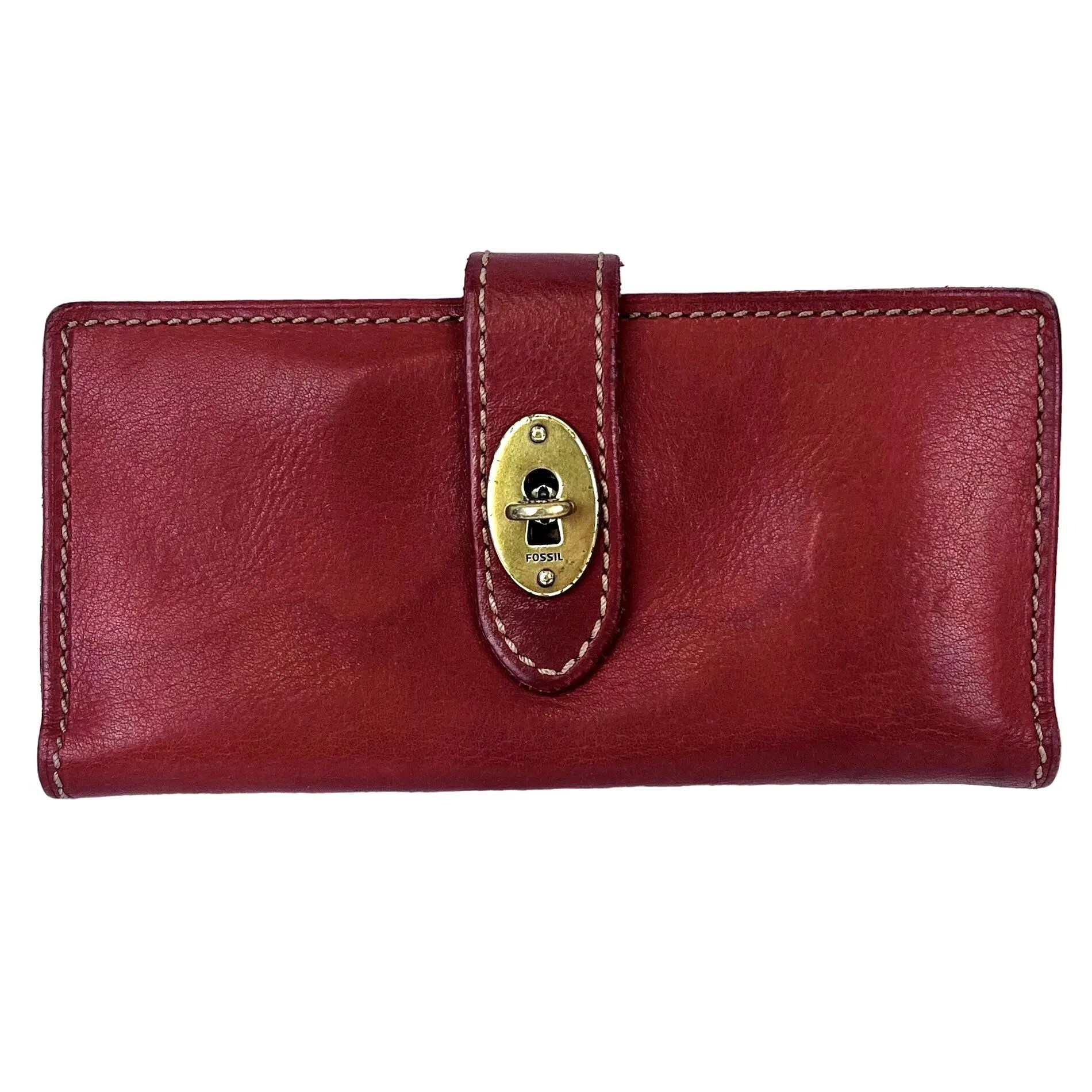 Fossil FOSSIL Bifold Long Wallet Clutch Turnlock Closure Ox Blood